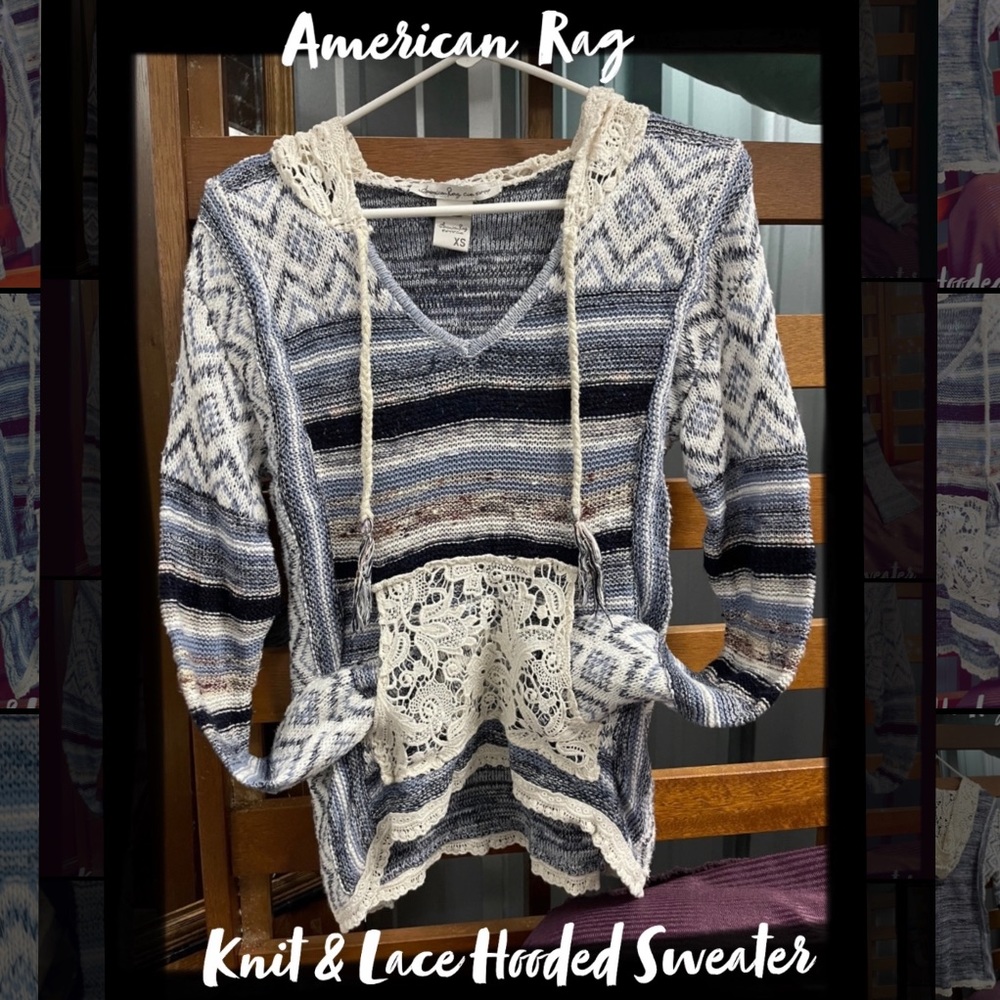 🩶 WOW UNIQUE 🩶 American Rag Blue hues Knit & Lace Hooded Sweater w/ Lace Pocket